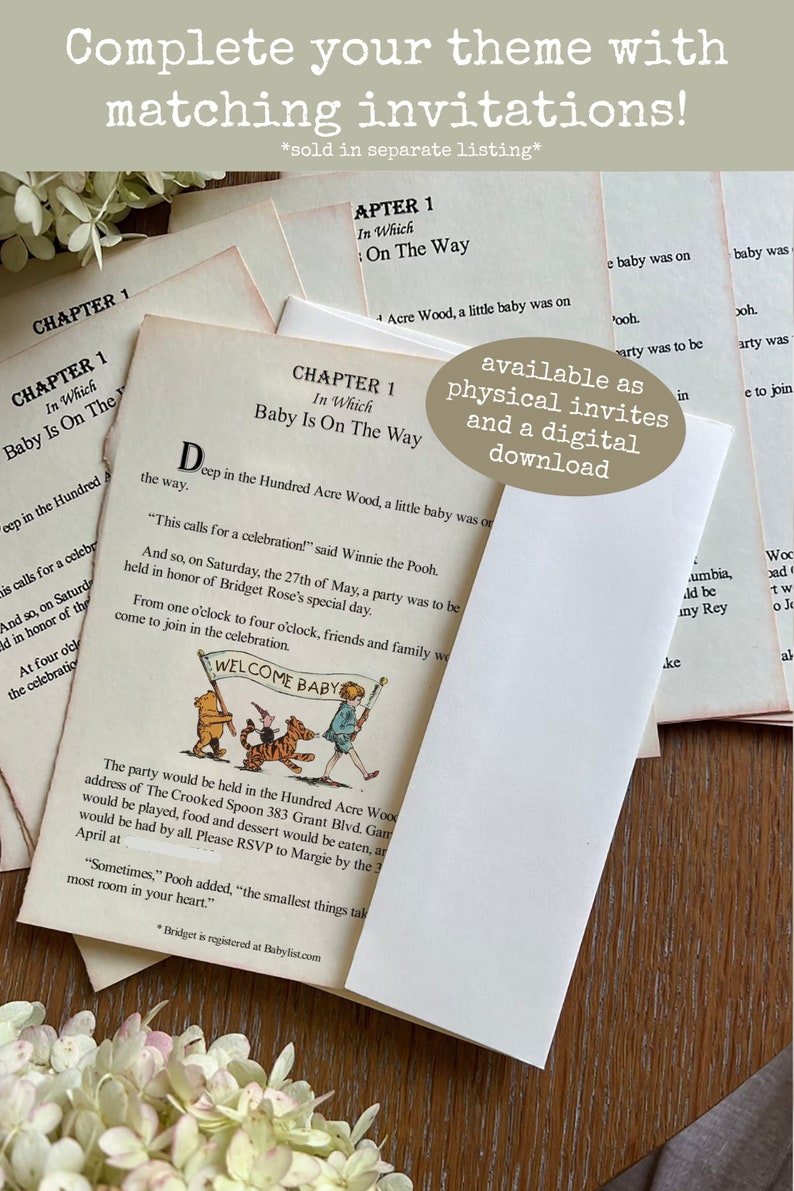 May include: A Winnie the Pooh themed baby shower invitation with a vintage aesthetic. The invitation features a cartoon illustration of Winnie the Pooh, Piglet, and Tigger walking with a banner that says "Welcome Baby". The invitation text reads "Chapter 1: In Which Baby Is On The Way" and includes details about the party, including the date, time, and location. The invitation is available as a physical invite and a digital download.