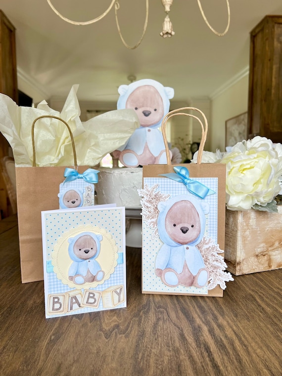 Blue Teddy Bear Baby Shower Gift Set Gift/Favor Tag, Card and Gift Bag  New Baby Shower Gift Set Gift for Parent-to-Be Welcome Baby