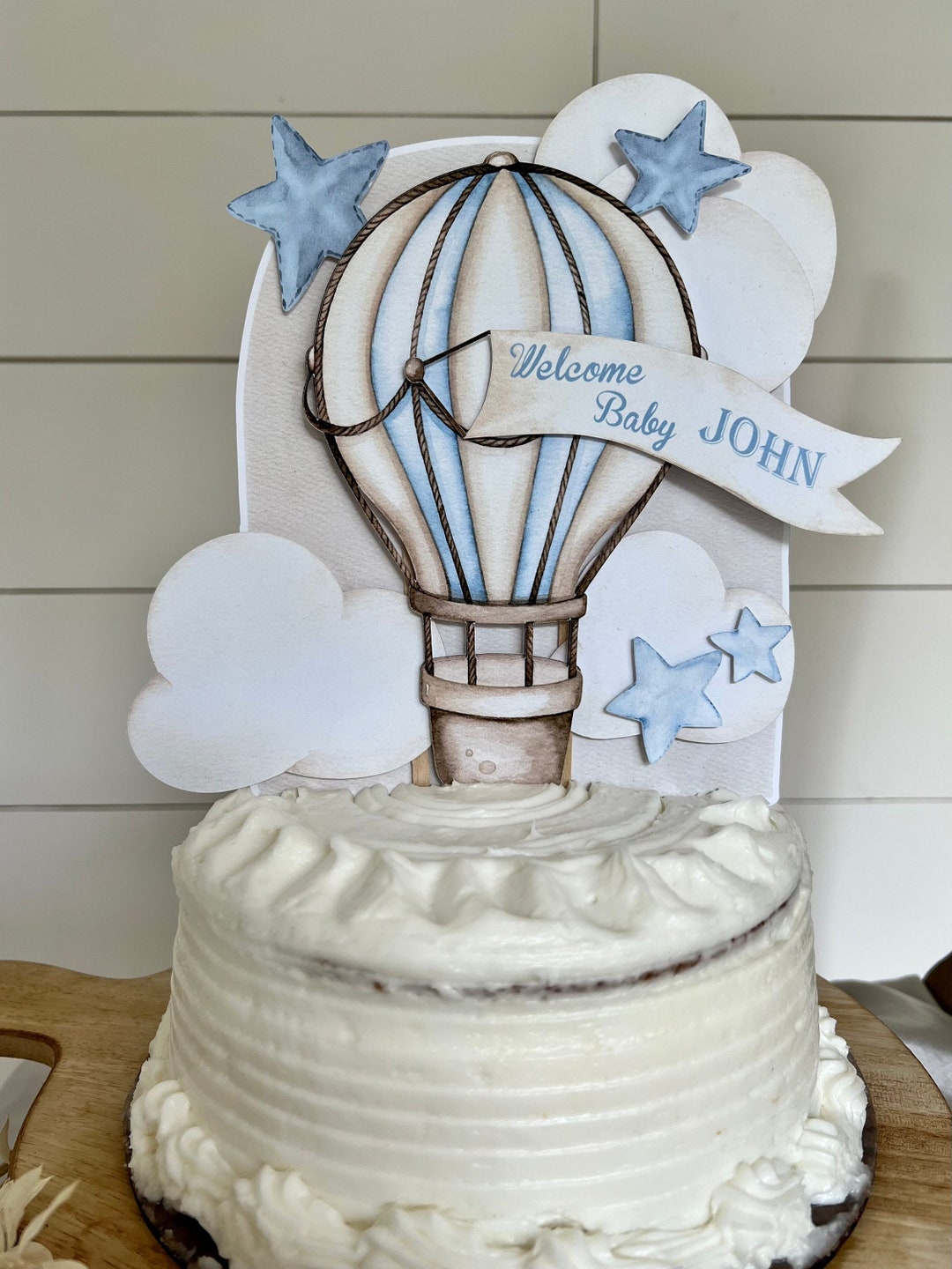 Personalizable Welcome Baby Blue Hot Air Balloon Cake Topper