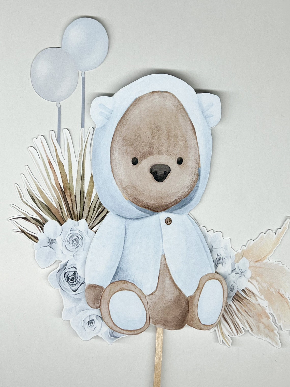 Blue Teddy Bear Cake Topper With Pampas Grass and Balloons - Etsy