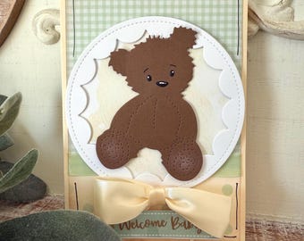 Fuzzy Teddy Bear Welcome Baby Card | Fold Over Greeting Card with Envelope