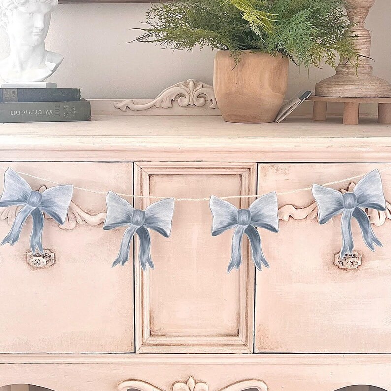 Dusty Blue Bow Garland Shower Decor, 1st Birthday Banner, Welcome Baby, Dessert Table Bunting, Soft Feminine Coquette Theme Decorations image 1