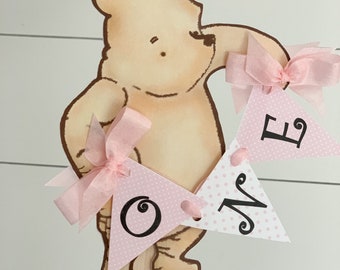 Winnie The Pooh First Birthday Cake  Topper/Cake Smash/Girl/Birthday Cake/Photo Prop Party Sign/Pink