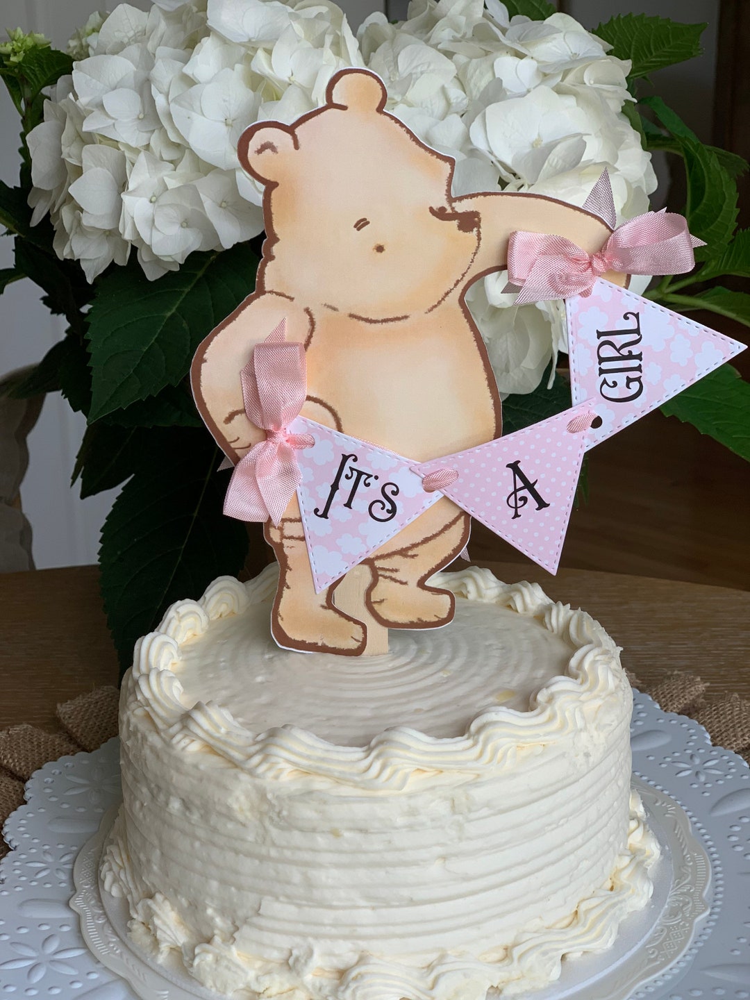 Winnie the Pooh First Birthday Cake Topper Pink Polka Dot One Party Cake,  Cake Smash Photo Prop, Girly Birthday Party Sign Decoration 