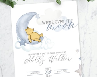 Winnie The Pooh Over The Moon Baby Shower Invitation (Set of 10) | Classic Pooh Bear Blue Moon & Stars Welcome Baby Shower Card