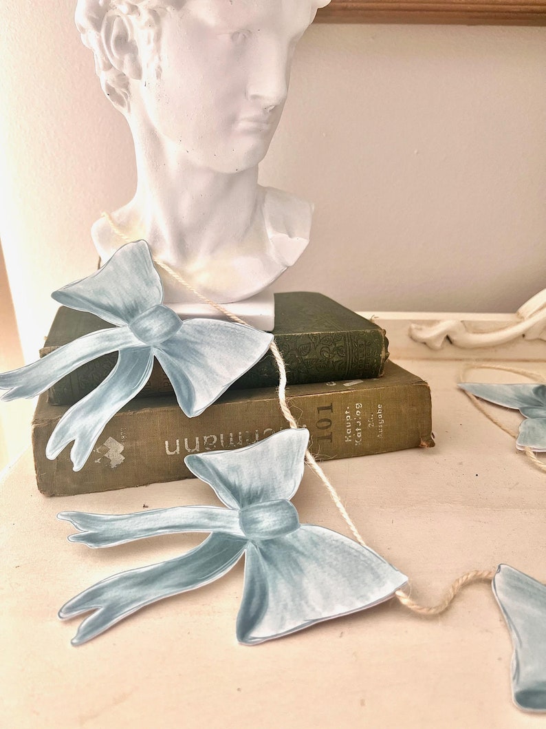 Dusty Blue Bow Garland Shower Decor, 1st Birthday Banner, Welcome Baby, Dessert Table Bunting, Soft Feminine Coquette Theme Decorations image 3