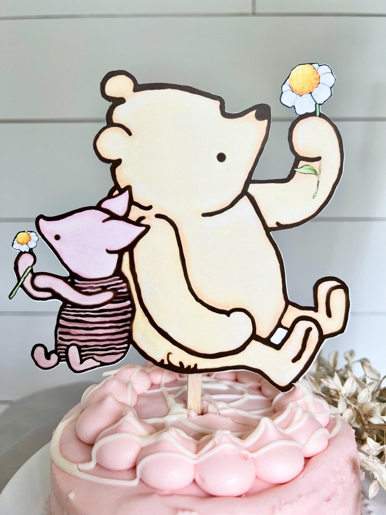 Winnie the Pooh Paper Cake Topper/Pooh & Piglet Daisy Flowers/Classic Bear Baby Shower/Birthday/Floral Centerpiece/Photo Prop/Smash Cake image 3