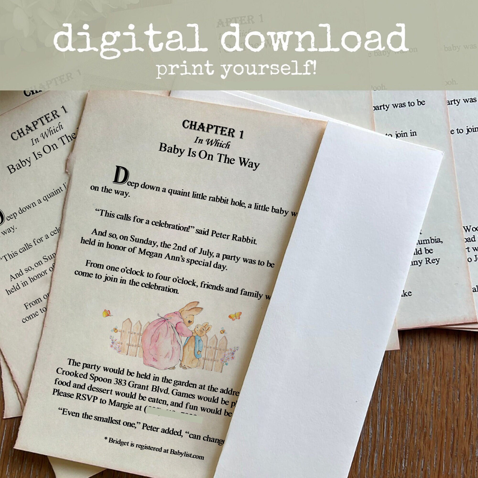 Peter Rabbit Baby Shower Storybook Invitation DIGITAL DOWNLOAD Classic Beatrix Potter Book Invite Whimsical Gender Neutral