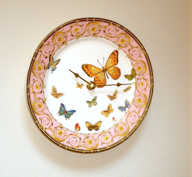 Ornate Butterfly Wall Clock, 8 Inch Porcelain Plate Wall Clock, Pink and Gold Scroll Butterfly Wall Decor 3210 image 2
