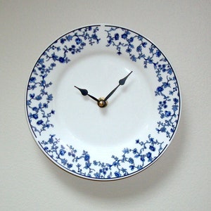 7.5 Inch Blue Toile Wall Clock, White and Blue Floral Plate Clock, Small Clock for Kitchen, French Country Clock 3292 image 1