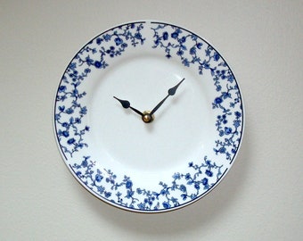 7.5 Inch Blue Toile Wall Clock, White and Blue Floral Plate Clock, Small Clock for Kitchen, French Country Clock - 3292