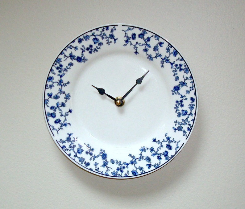 7.5 Inch Blue Toile Wall Clock, White and Blue Floral Plate Clock, Small Clock for Kitchen, French Country Clock 3292 image 1
