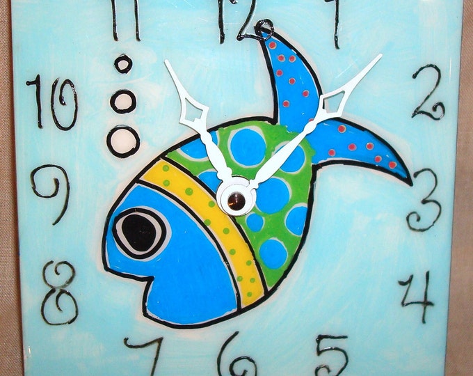 Wall Clock Hand Painted Whimsical Funky Fish Ceramic Tile Etsy