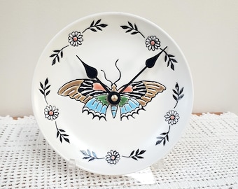 SMALL 6 Inch Butterfly Wall Clock, SILENT Ceramic Plate Clock - 3481