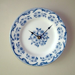 French Toile Plate Clock: Royal Stafford Blue Floral Wall Decor (8.5 Inch) - Item 3381