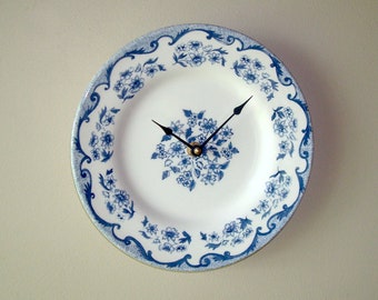 8.5 Inch French Toile Wall Clock,  Blue Floral Plate Clock, Small Clock for Kitchen, French Country Clock, Royal Stafford Plate - 3291