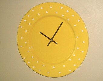 Yellow Wall Clock, 11 inch SILENT Ceramic Plate Clock, Fun Kitchen Wall Decor, Yellow White Polka Dot Clock - 3093