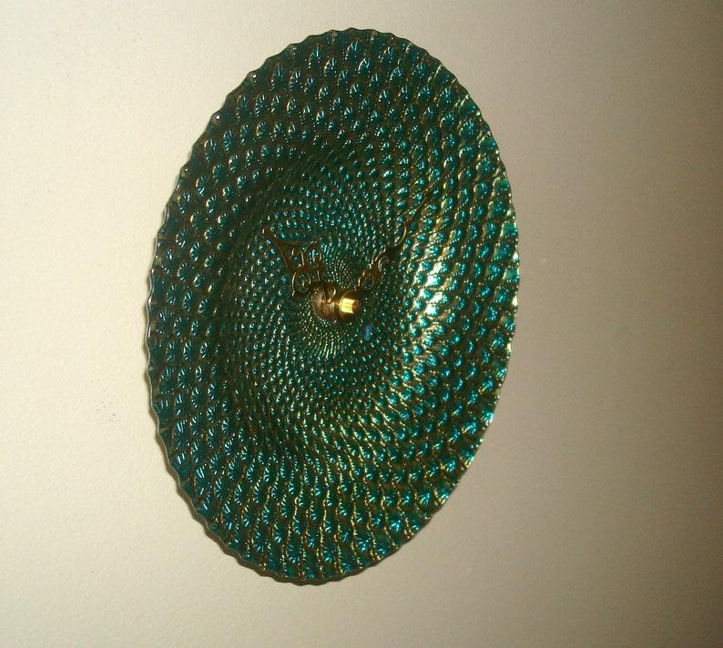 Peacock Wall Clock, 9 Inch Turquoise Gold Glass Plate Clock, Kitchen Clock, Unique Wall Clock, Peacock Wall Decor 3272 image 3