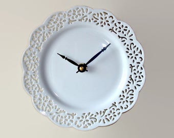 7.5 Inch Small Lacy White Wall Clock -  Porcelain Plate Clock - Unique Wall Clock - Minimalist Wall Decor - 3183