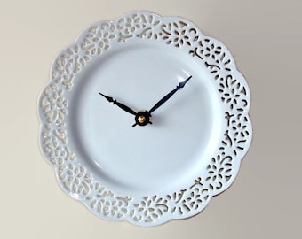 Lacy White Porcelain Plate Clock:  (7.5 Inch) Minimalist Wall Decor - Item 3183
