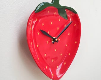 Red Strawberry Kitchen Clock: Ceramic Fruit Decor, Silent Quartz (8 Inches) - Item 3477