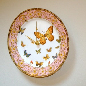 Ornate Butterfly Wall Clock, 8 Inch Porcelain Plate Wall Clock, Pink and Gold Scroll Butterfly Wall Decor 3210 image 1