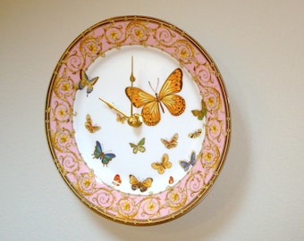 Ornate Butterfly Wall Clock, 8 Inch Porcelain Plate Wall Clock, Pink and Gold Scroll Butterfly Wall Decor - 3210