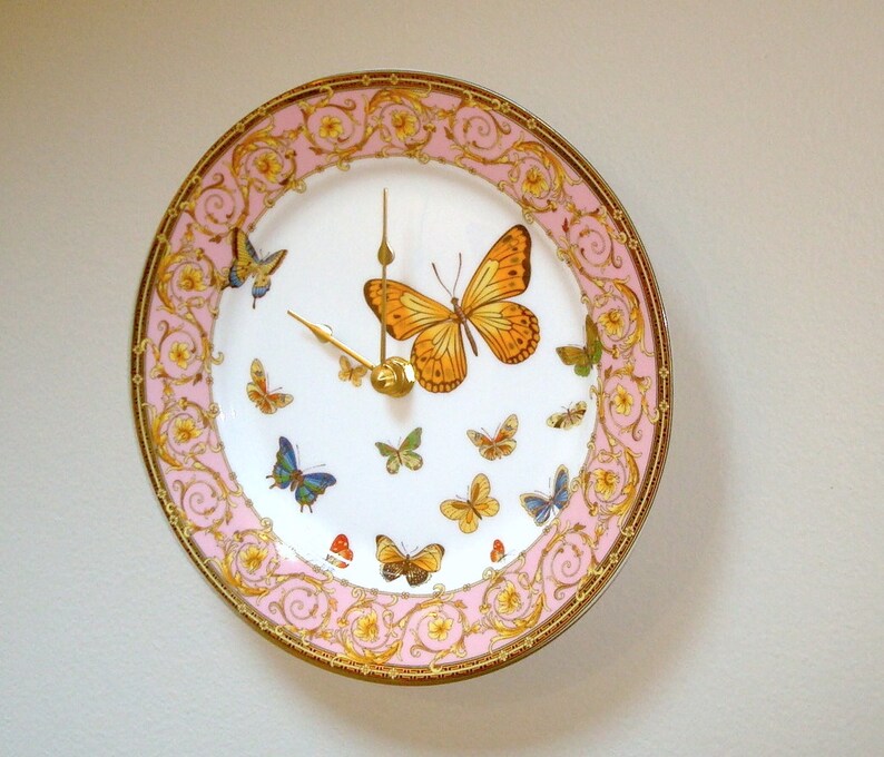 Ornate Butterfly Wall Clock, 8 Inch Porcelain Plate Wall Clock, Pink and Gold Scroll Butterfly Wall Decor 3210 image 1