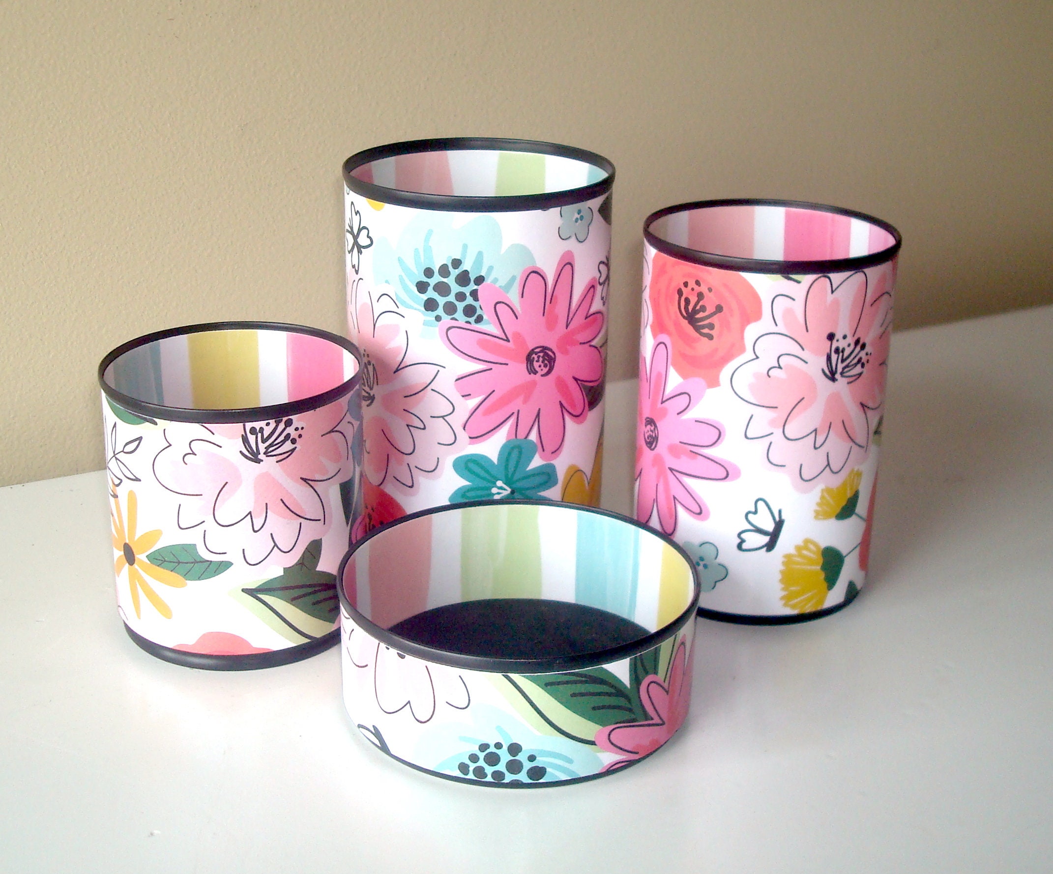 Floral Tin Can Desk Organizer, Whimsical Pencil & Brush Holder - Item ...