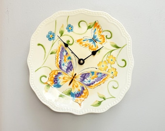 Butterfly Wall Clock: Silent Ceramic Plate Wall Decor (8.75 Inch) - Item 3488
