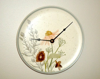 8.5 Inch Coneflower Botanical Wall Clock, Silent Ceramic Plate Clock, Floral Kitchen Clock, Kitchen Wall Decor - 3264