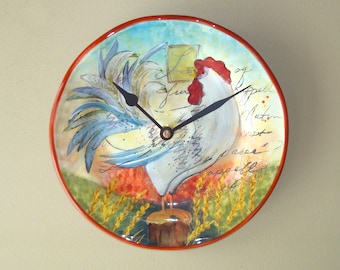 French Rooster Wall Clock, SILENT 9 Inch Unique Kitchen Wall Clock, Farm House Clock, Country Home Clock - 3278