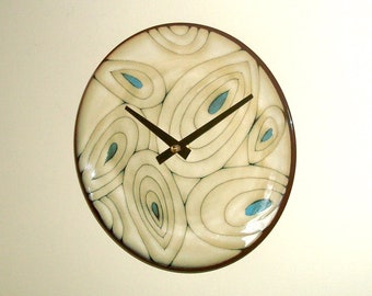 Peacock Inspired Stoneware Plate Clock: Turquoise Tan Kitchen Decor (8.25 Inches) - Item 3310