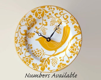 Goldenrod Bird Wall Clock, 8-1/4 Inch SILENT Mustard Yellow Ceramic Plate Wall Clock, Kitchen Clock with Numbers, Wall Decor - 3242