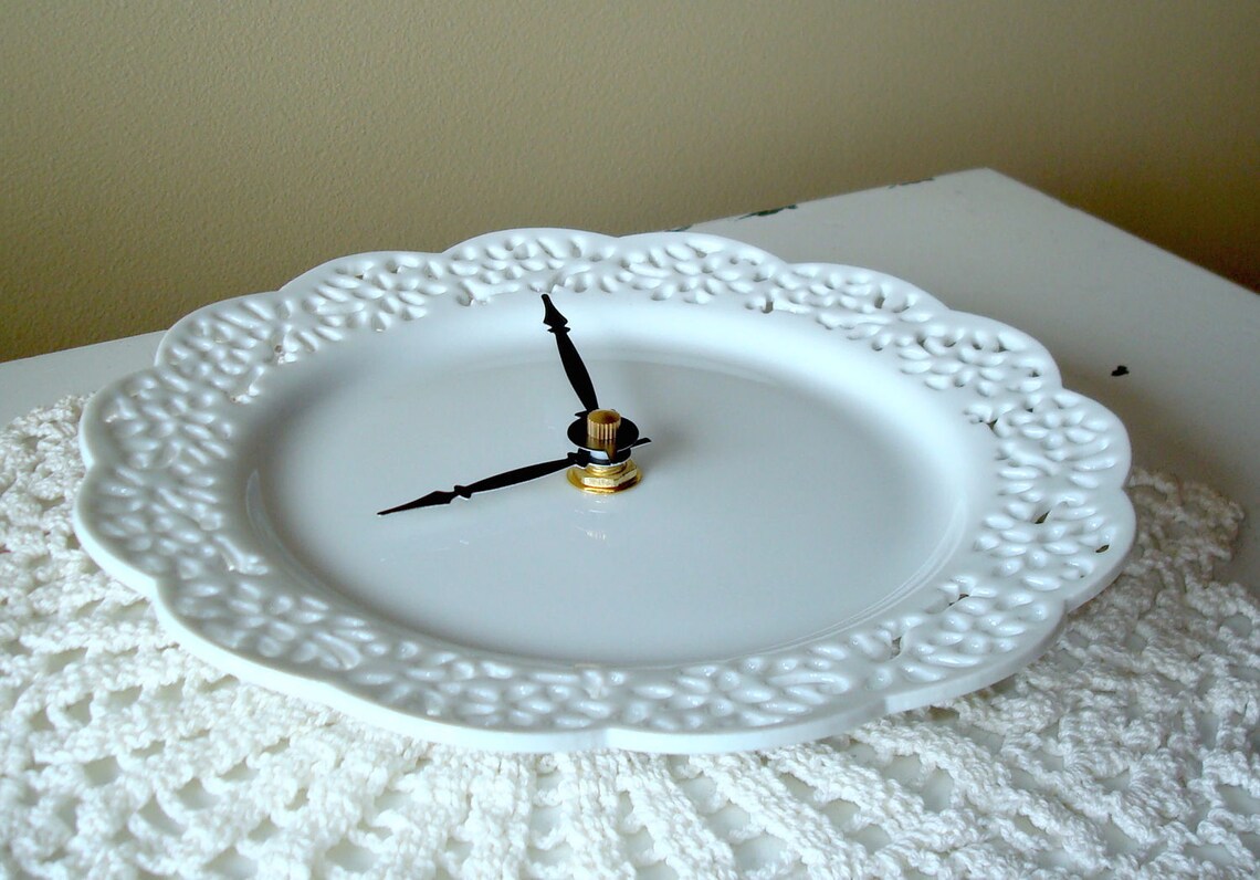 Small Lacy White Wall Clock Porcelain Plate Clock Unique Etsy