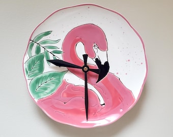 8.5 Pink Flamingo Wall Clock; Porcelain Plate Unique Wall Decor - Item 3478