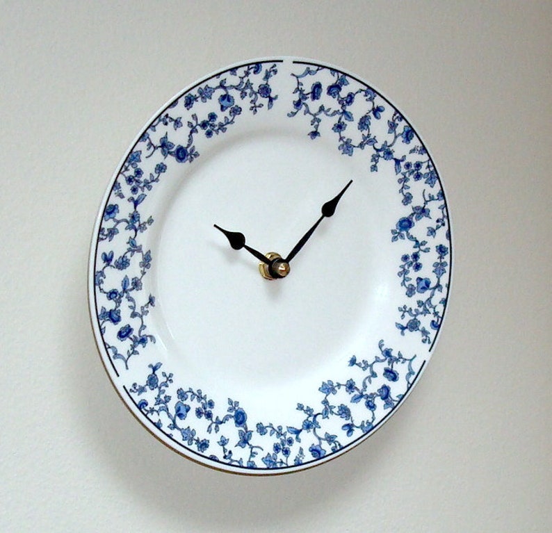 7.5 Inch Blue Toile Wall Clock, White and Blue Floral Plate Clock, Small Clock for Kitchen, French Country Clock 3292 image 3