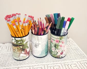 Bird Butterfly & Floral Pencil Holder: Recycled Tin Can Desk Organizer - Item 1719