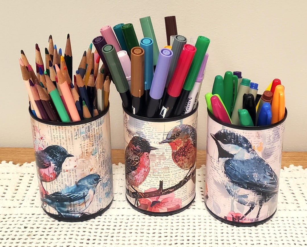 Bird & Flower Pencil Holder: Recycled Tin Can Desk Organizer - Item ...