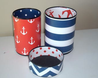 Red White and Blue Nautical Desk Accessories / Anchor Pencil Holder / Pencil Cup / Office Desk Organizer / Nautical Office Decor - 1166