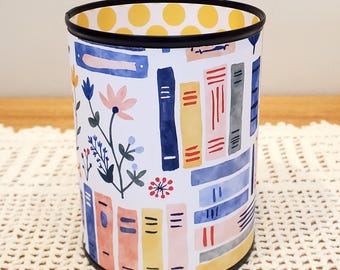 Books and Floral Desk Organizer,  Whimsical Pencil Holder Can - Item 1741