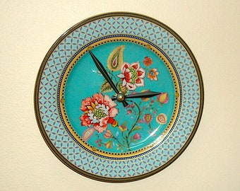 8 Inch Lattice and Floral Plate Wall Clock, Small Kitchen Wall Clock, Porcelain Plate Clock, Unique Wall Decor - 3252