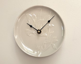Small Taupe Botanical Wall Clock: (6 Inch) Ceramic Floral Design - Item 3393
