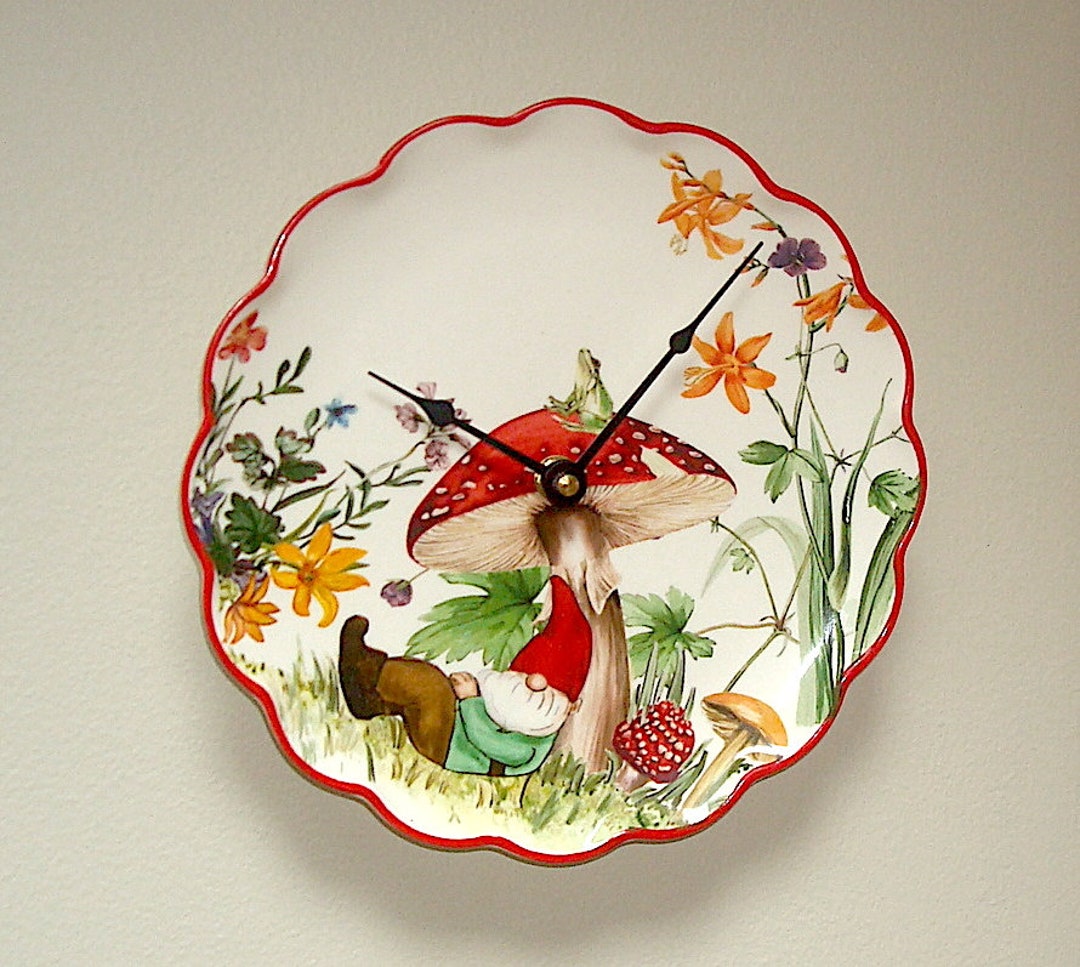 Sleeping Gnome Clock, 8.5 Inch SILENT Ceramic Wall Clock, Wildflower