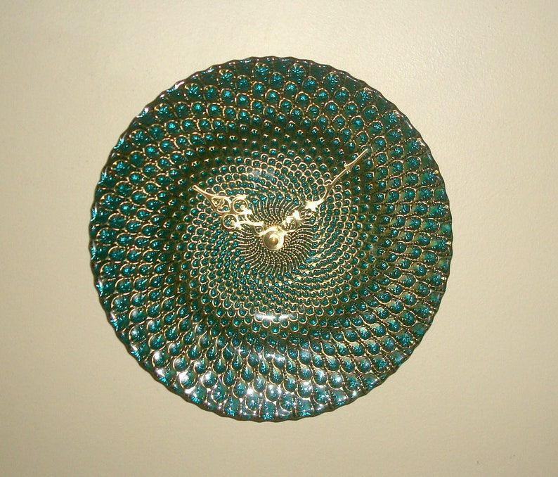 Peacock Wall Clock, 9 Inch Turquoise Gold Glass Plate Clock, Kitchen Clock, Unique Wall Clock, Peacock Wall Decor 3272 image 1