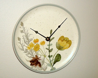 8.5 Inch Wildflower Botanical Wall Clock, Silent Ceramic Plate Clock, Floral Kitchen Clock, Kitchen Wall Decor - 3262