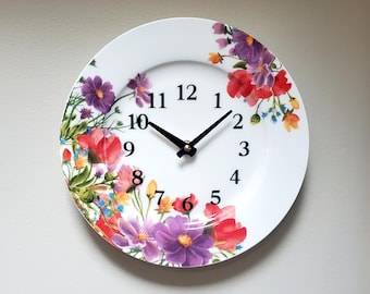 Red Purple Floral Porcelain Wall Clock, 9 Inch Silent Kitchen Clock - Item 2978