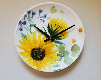 Sunflower Ceramic Plate Clock: Bluebells Floral Kitchen Decor (8.5 Inch) - Item 3365