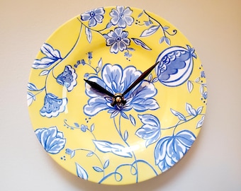English Toile Plate Clock: Yellow Blue Floral Porcelain Wall Decor - Item 3472