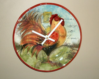 French Rooster Wall Clock, SILENT 9 Inch Unique Kitchen Wall Clock, Farm House Clock, Country Home Clock - 3277